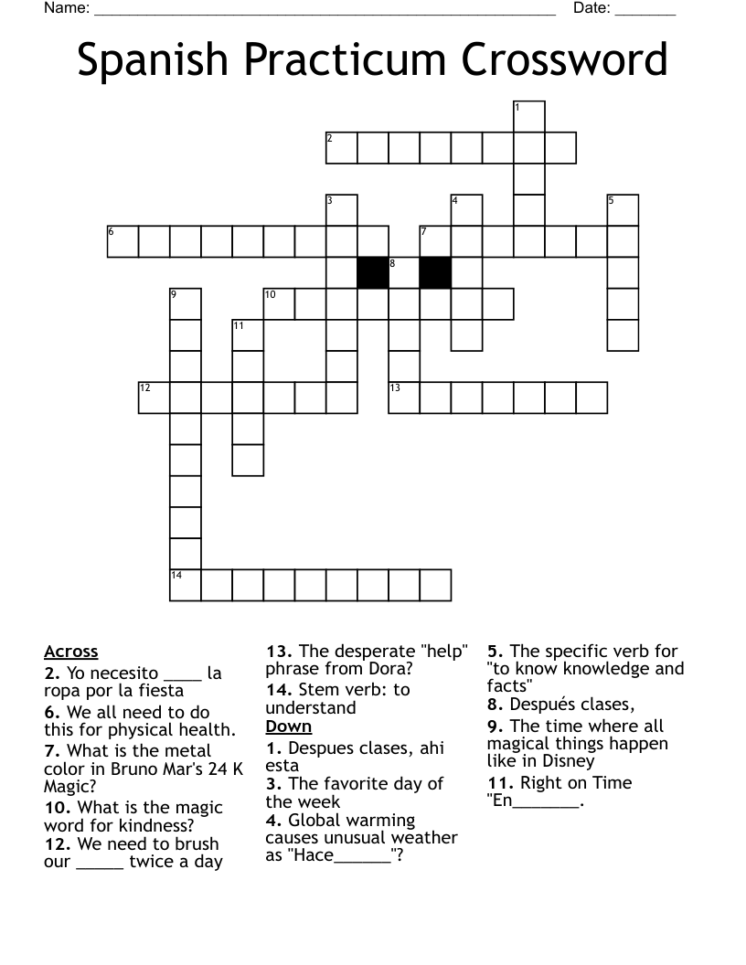 Spanish Practicum Crossword