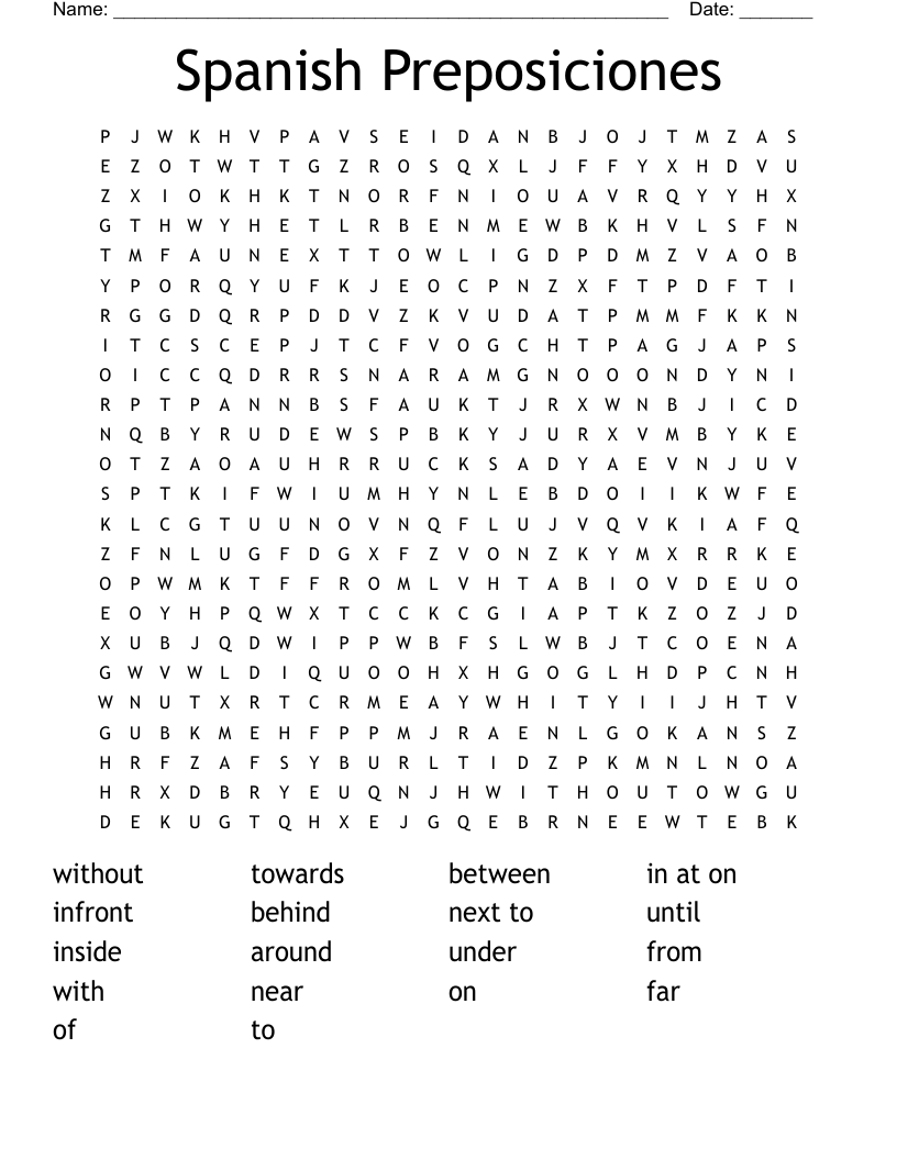 Spanish Preposiciones  Word Search
