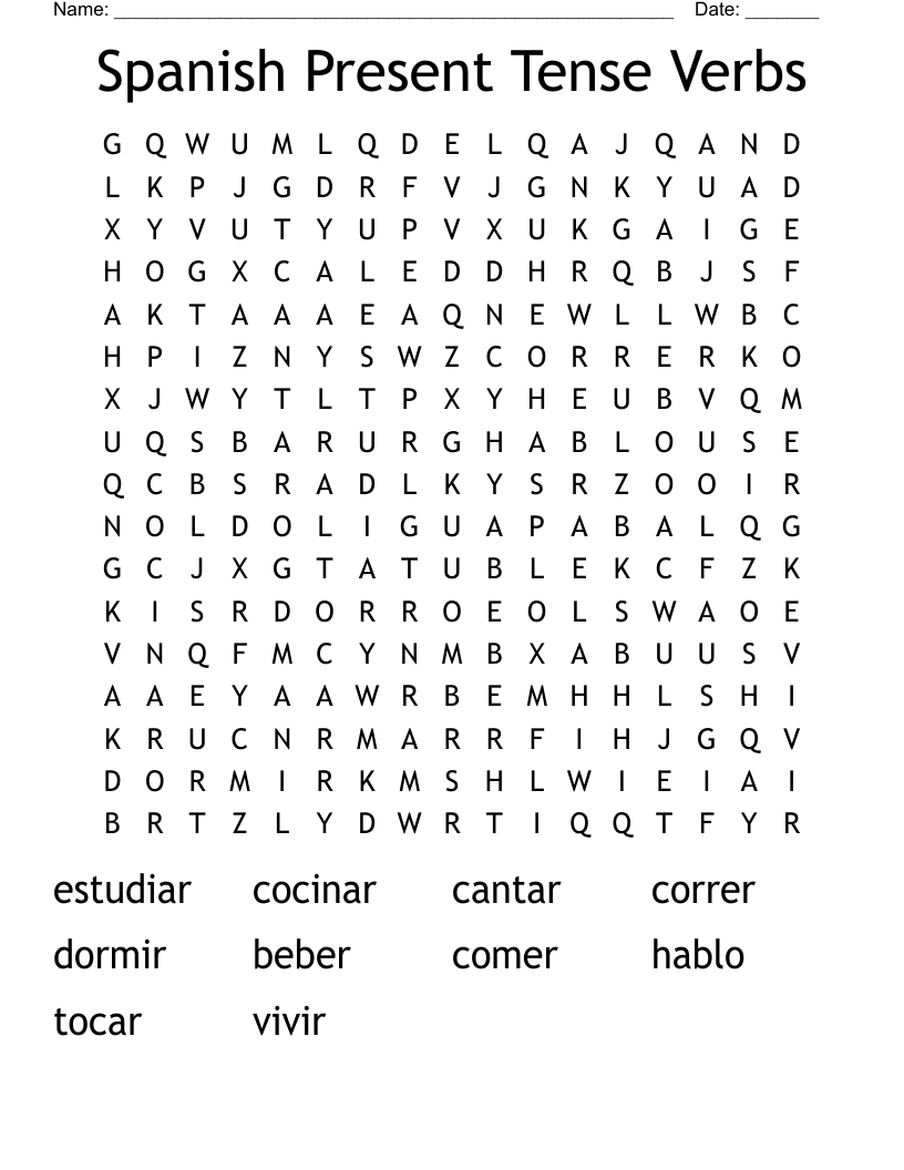 Spanish Present Tense Verbs Word Search