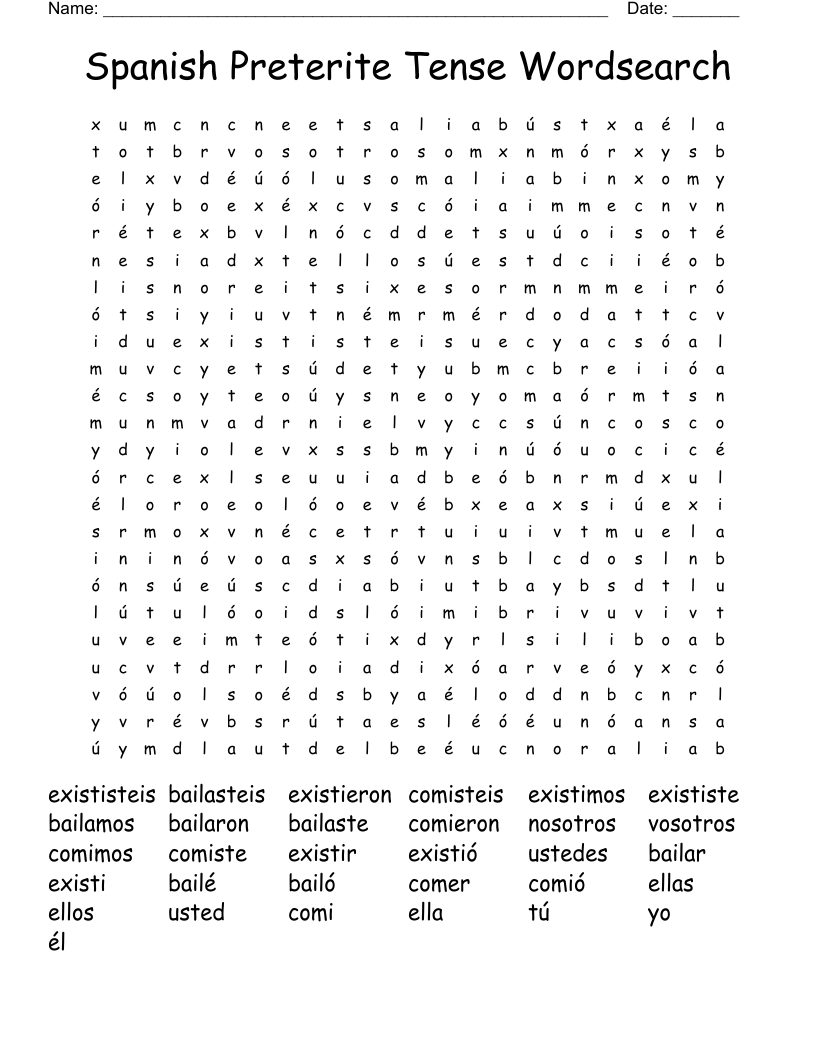 Spanish Preterite Tense Wordsearch