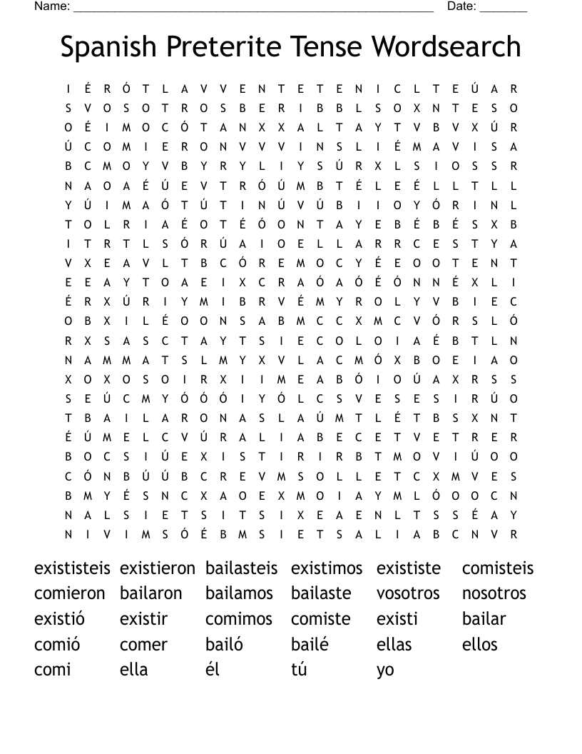 Spanish Preterite Tense Wordsearch