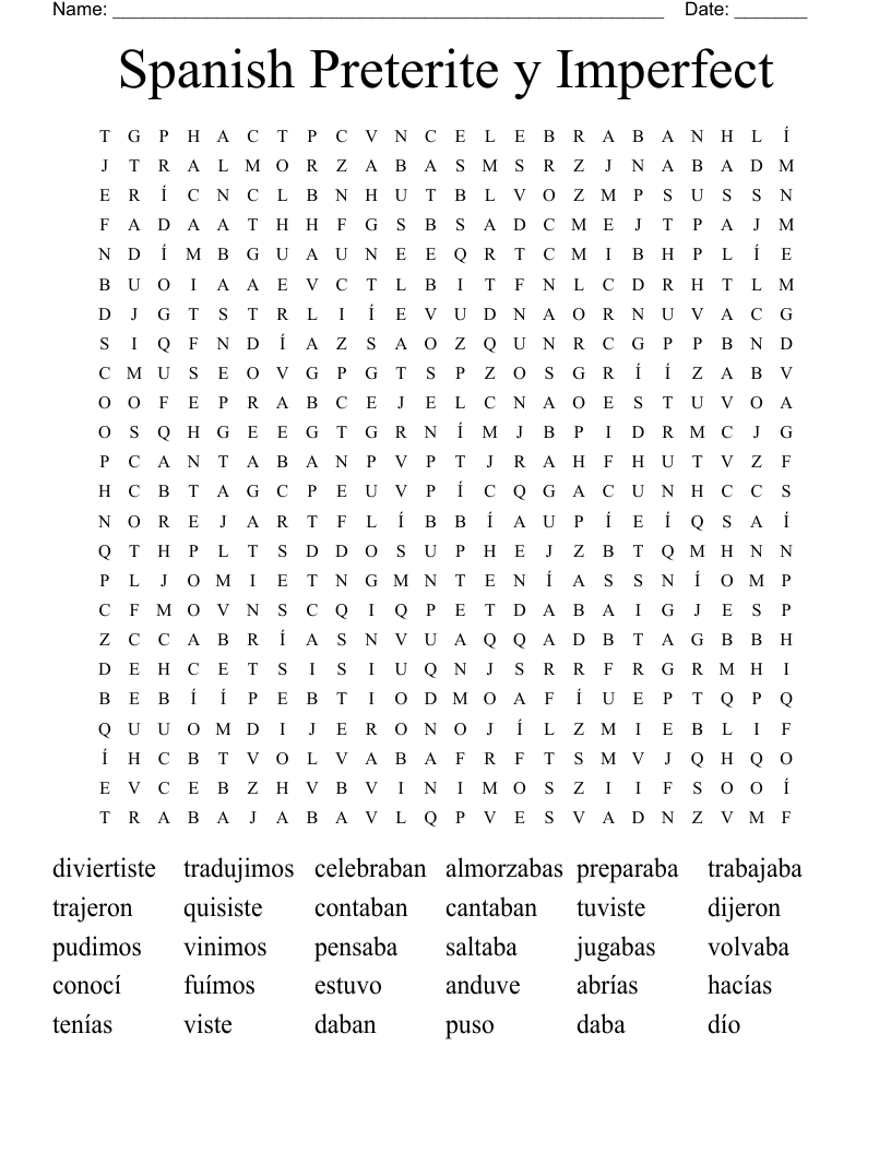 Spanish Preterite y Imperfect Word Search