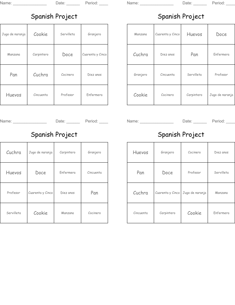 Spanish Project Bingo Cards