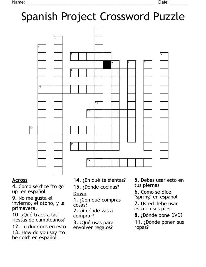 Spanish Project Crossword Puzzle