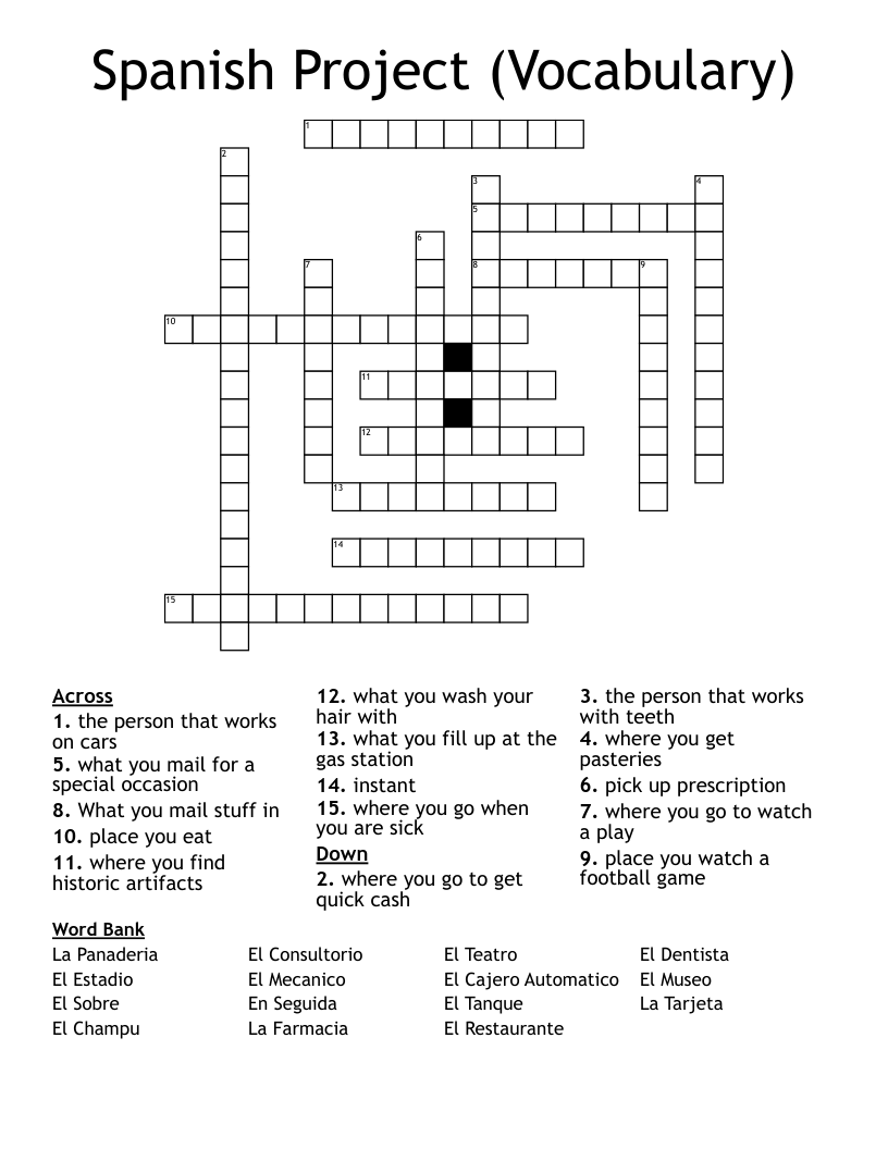 Spanish Project (Vocabulary) Crossword