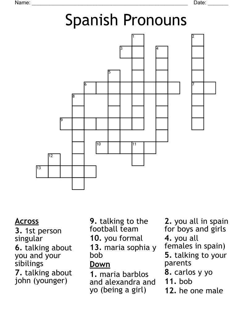 Spanish Pronouns Crossword