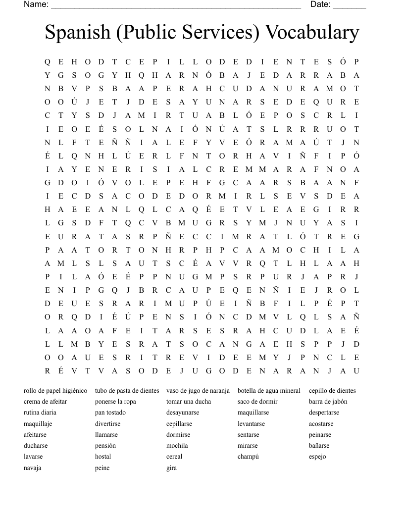 Spanish (Public Services) Vocabulary  Word Search