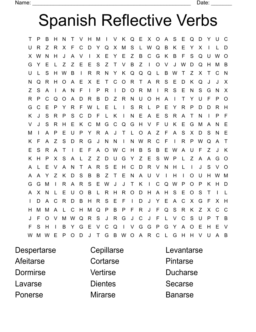Spanish Reflective Verbs Word Search