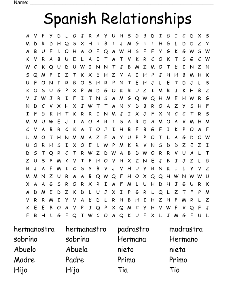 Spanish Relationships Word Search