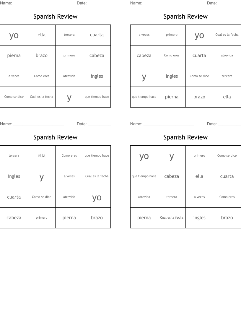 Spanish Review Bingo Cards
