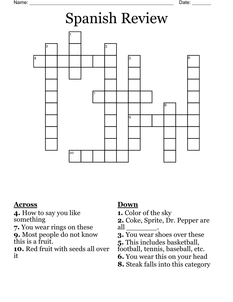 Spanish Review Crossword
