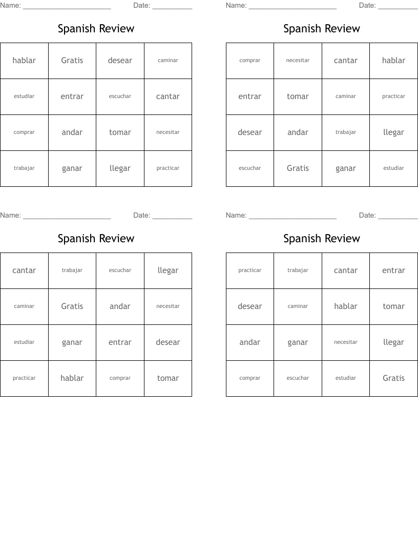 Spanish Review Bingo Cards
