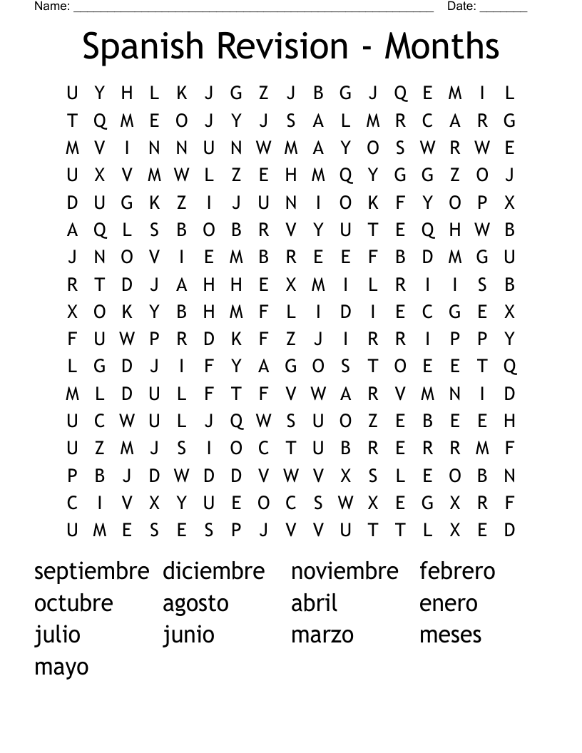 Spanish Revision - Months Word Search