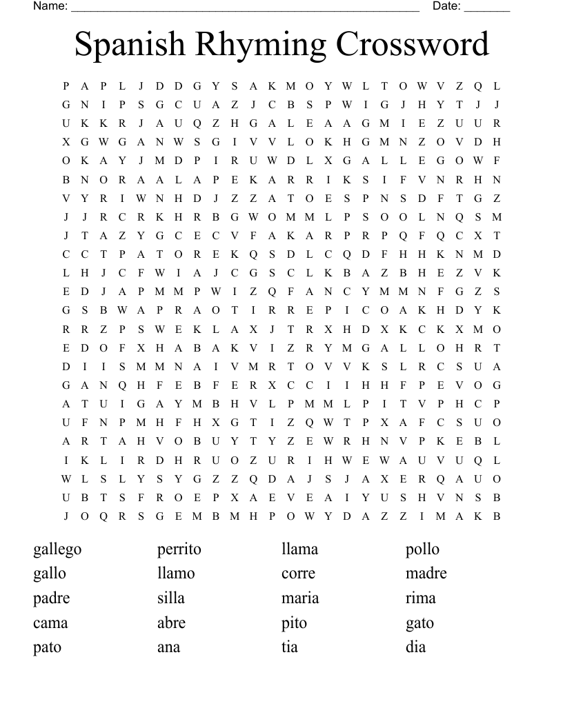 Spanish Rhyming Crossword Word Search