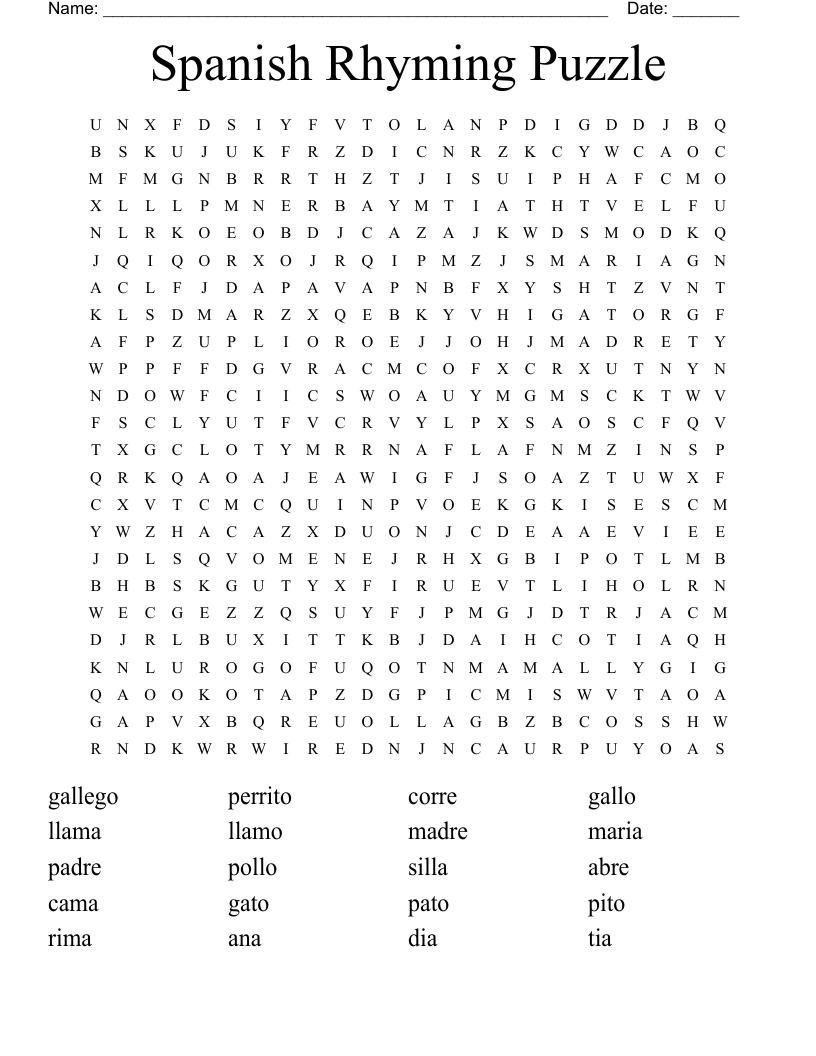 Spanish Rhyming Puzzle Word Search