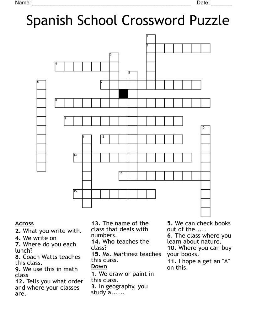Spanish School Crossword Puzzle