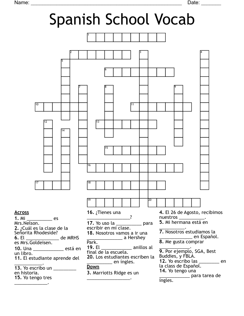 Spanish School Vocab Crossword