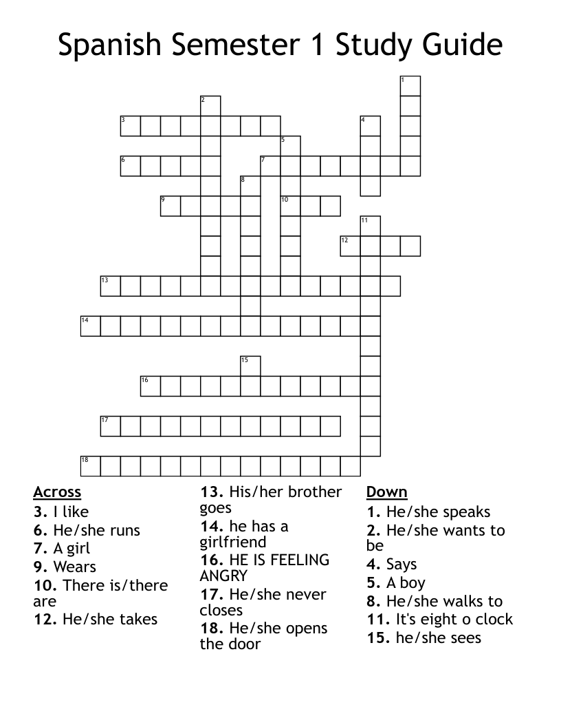 Spanish Semester 1 Study Guide Crossword