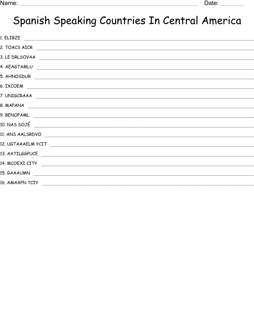 Spanish Speaking Countries In Central America Word Scramble