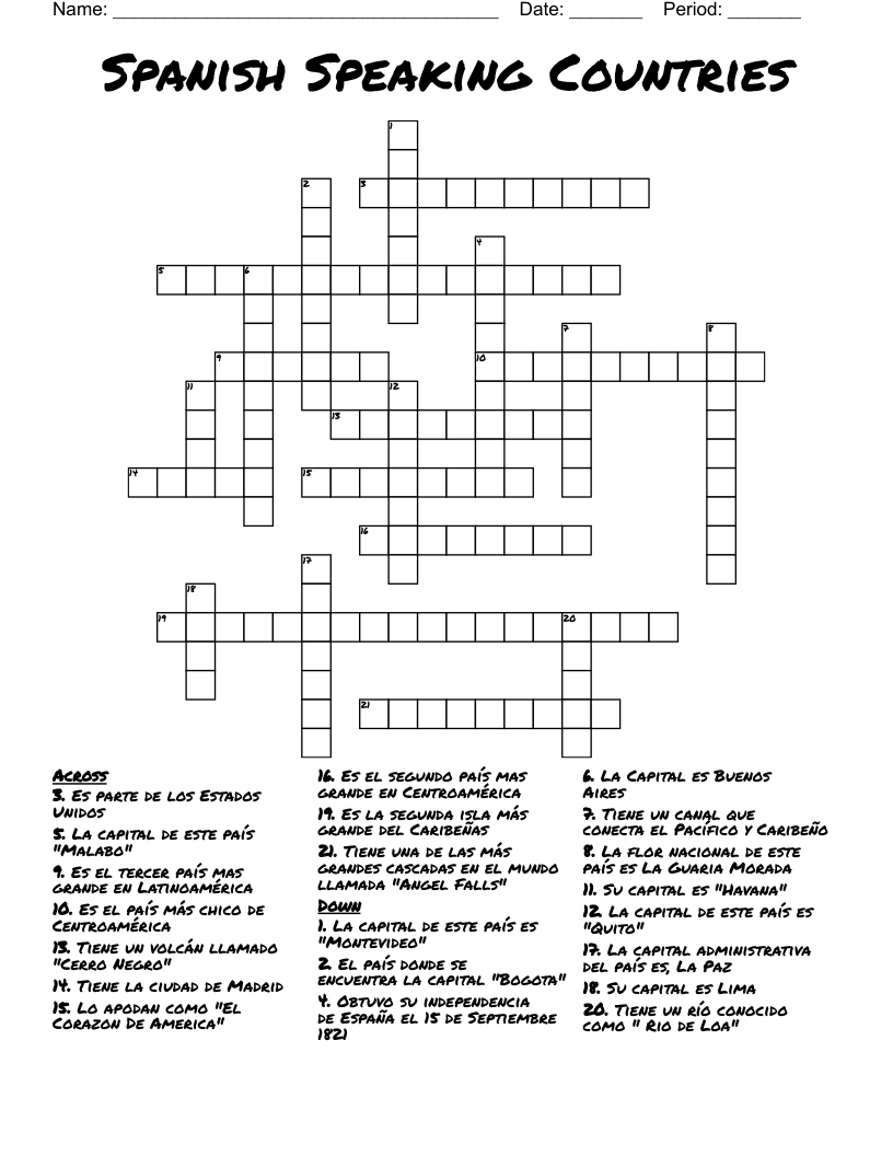 Spanish Speaking Countries  Crossword