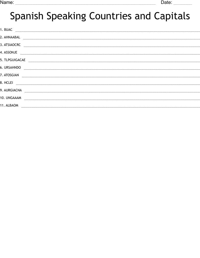 Spanish Speaking Countries and Capitals Word Scramble