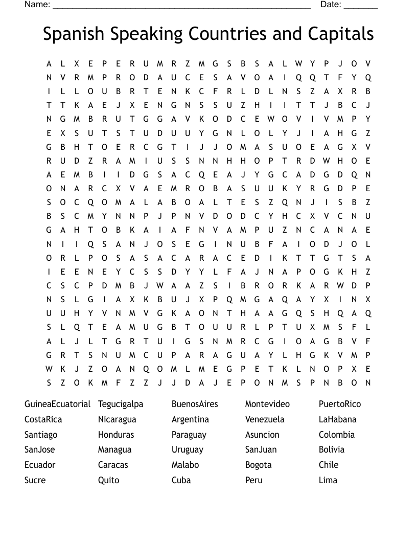 Spanish Speaking Countries and Capitals Word Search