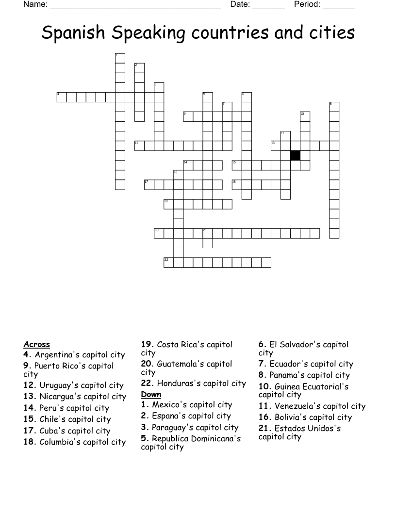 Spanish Speaking countries and cities Crossword