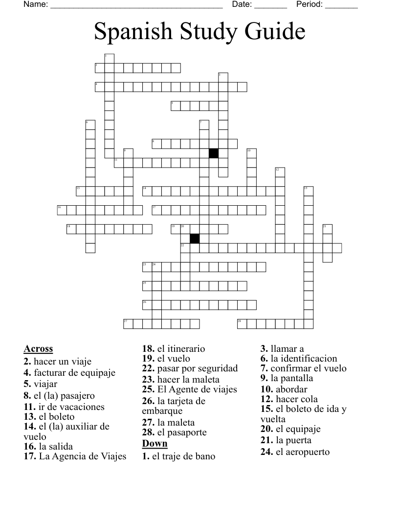 Spanish Study Guide Crossword