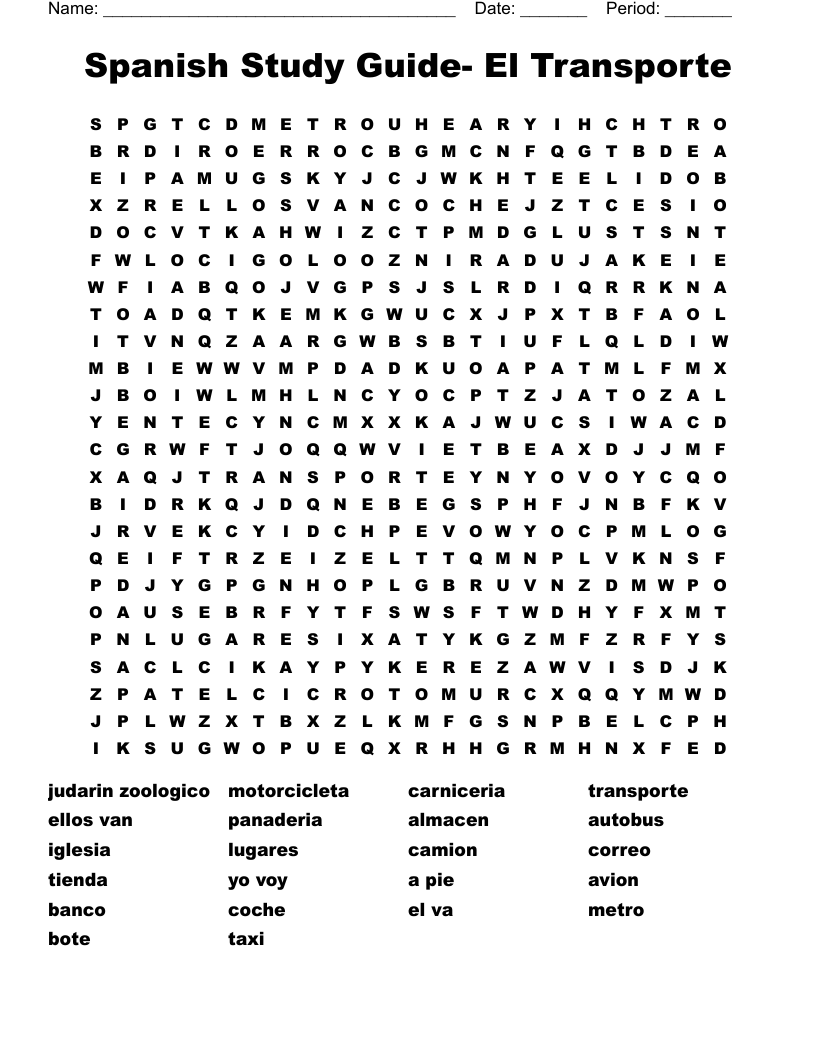 Spanish Study Guide- El Transporte Word Search