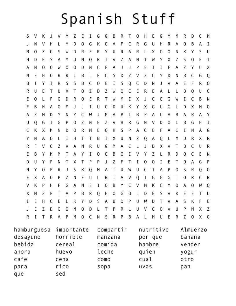 Spanish Stuff Word Search