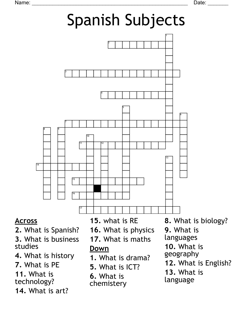 Spanish Subjects Crossword