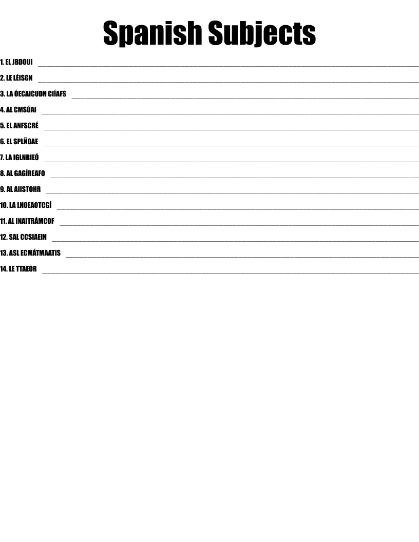 Spanish Subjects Word Scramble