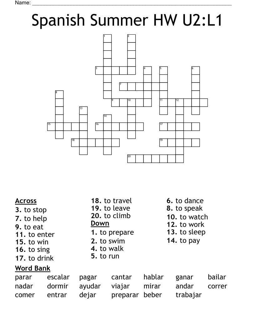 Spanish Summer HW U2:L1 Crossword