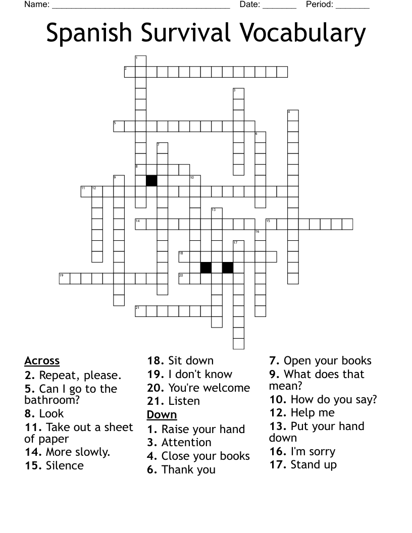 Spanish Survival Vocabulary Crossword