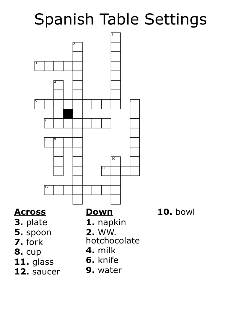 Spanish Table Settings Crossword
