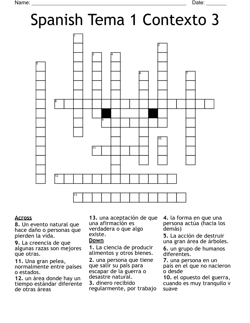 Spanish Tema 1 Contexto 3 Crossword