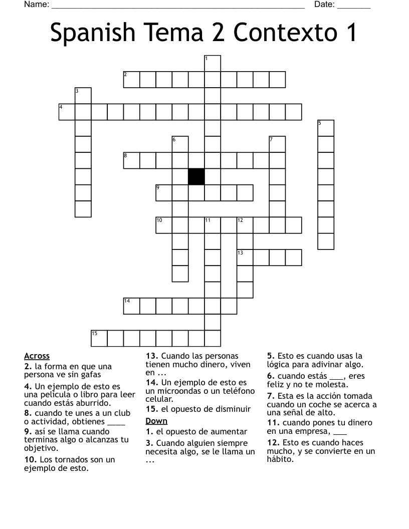 Spanish Tema 2 Contexto 1 Crossword