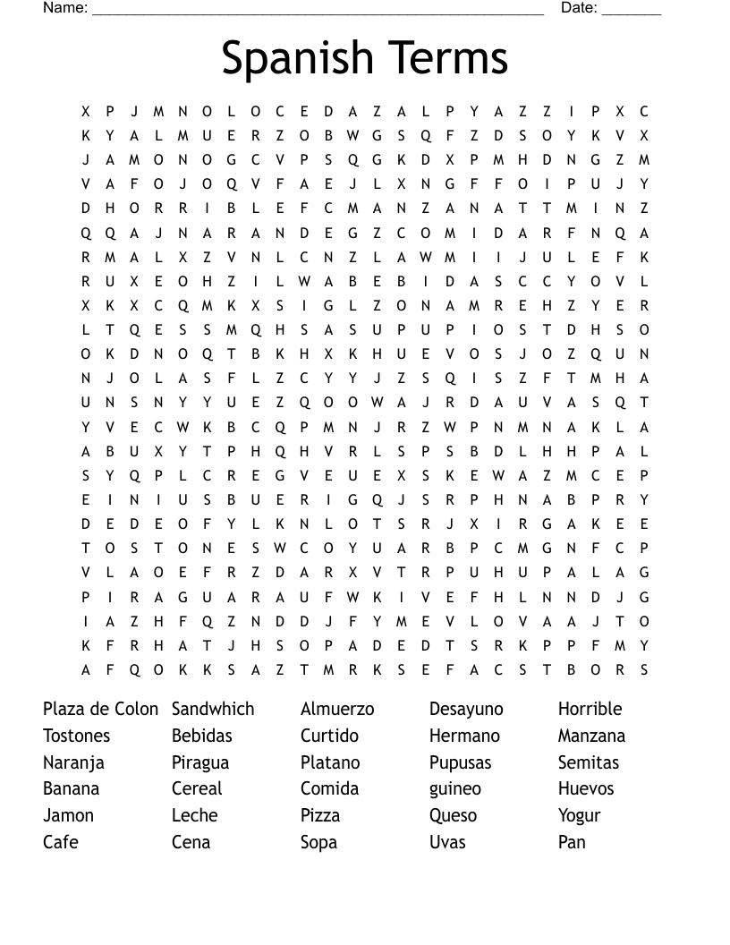 Spanish Terms Word Search