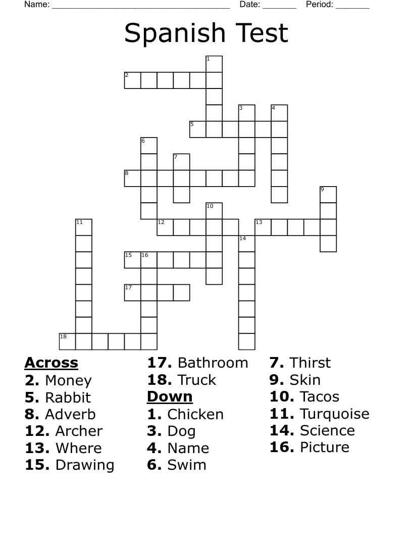 Spanish Test Crossword