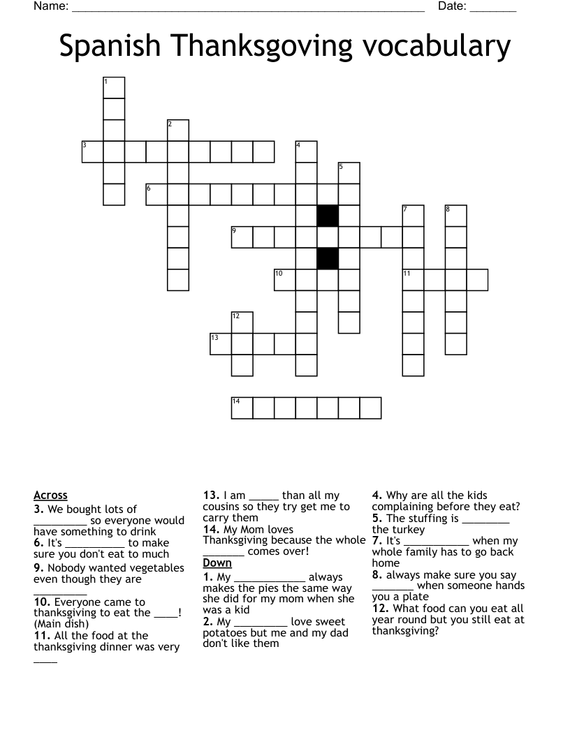 Spanish Thanksgoving vocabulary Crossword