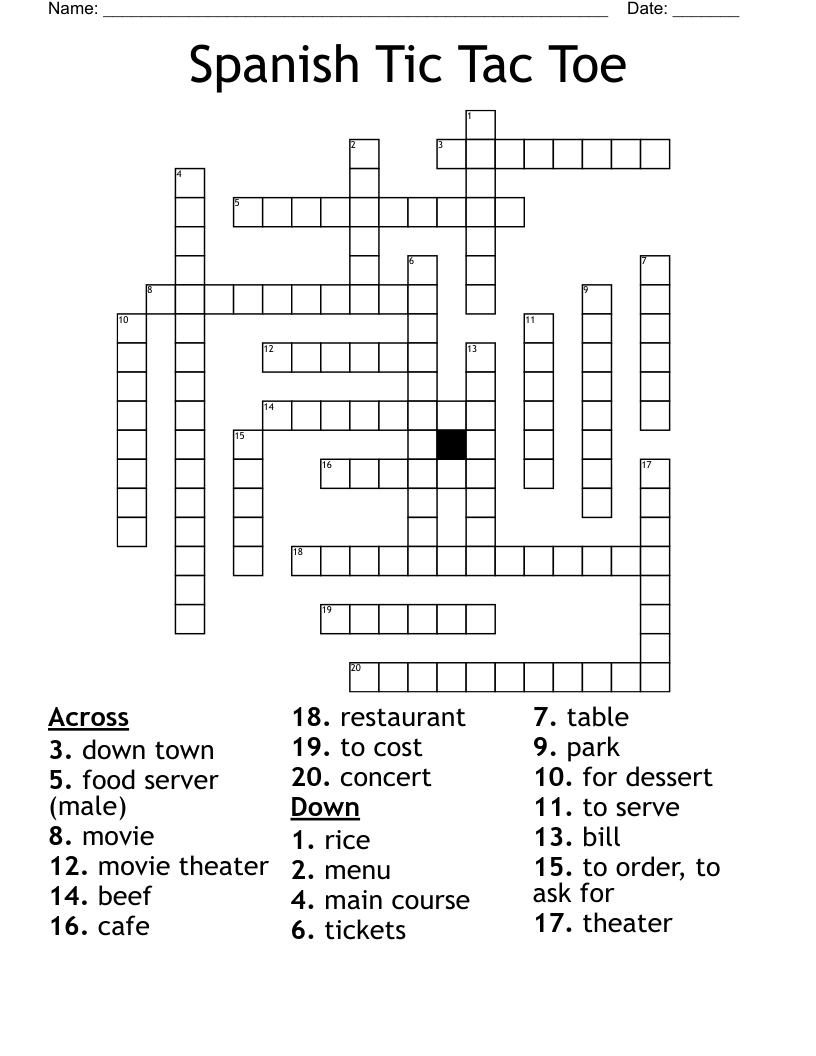 Spanish Tic Tac Toe Crossword