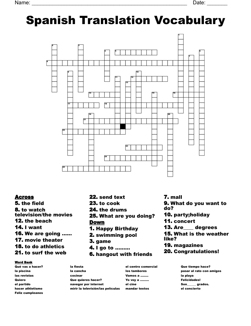 Spanish Translation Vocabulary Crossword