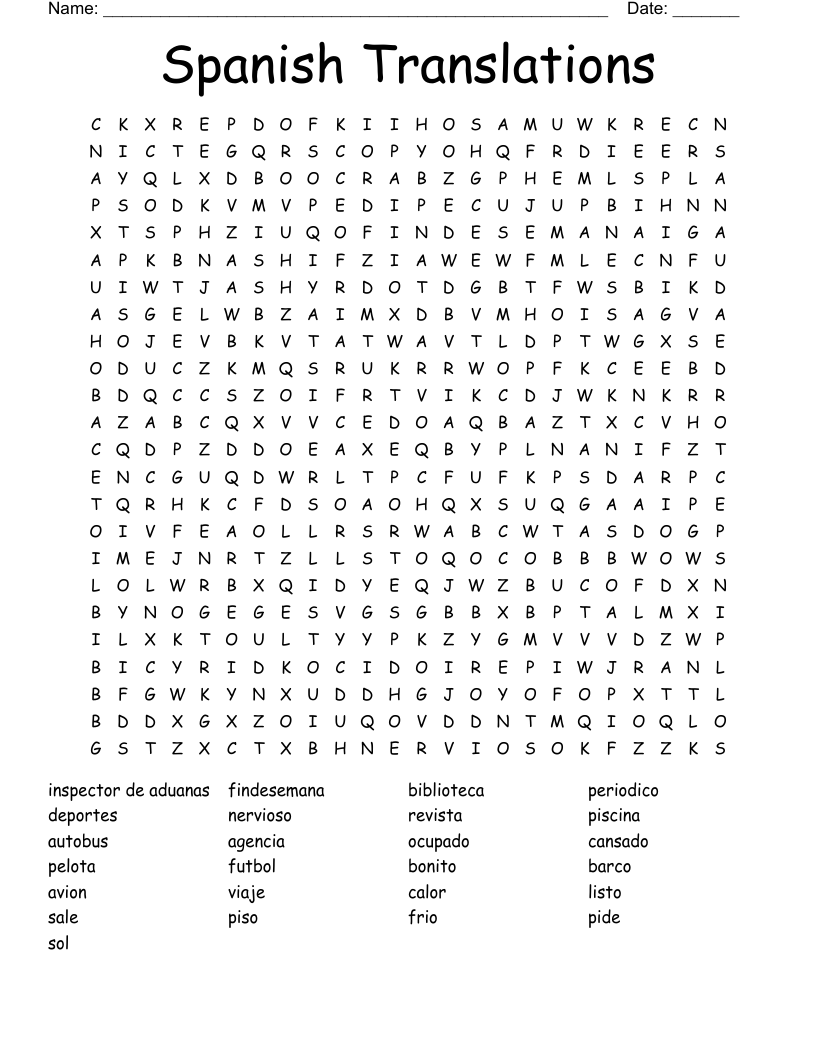 Spanish Translations Word Search