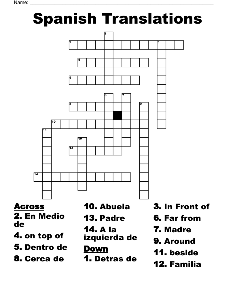 Spanish Translations Crossword
