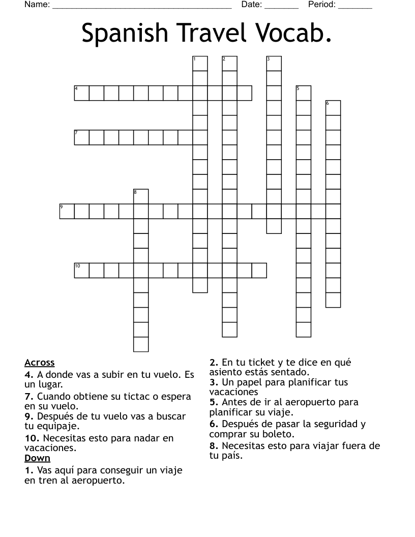Spanish Travel Vocab. Crossword