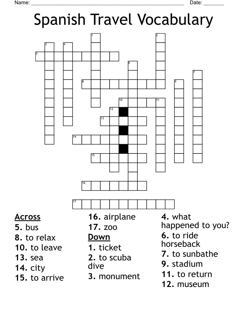 Spanish Travel Vocabulary Crossword