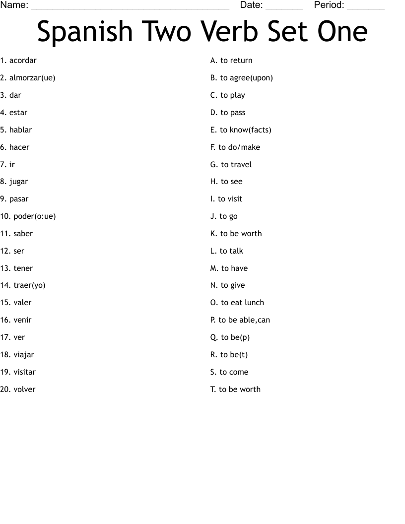 Spanish Two Verb Set One Worksheet