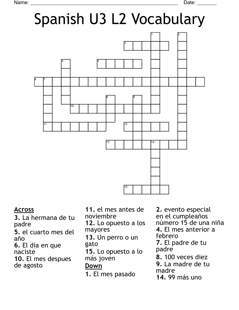 Spanish U3 L2 Vocabulary Crossword