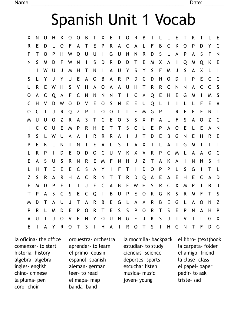 Spanish Unit 1 Vocab  Word Search