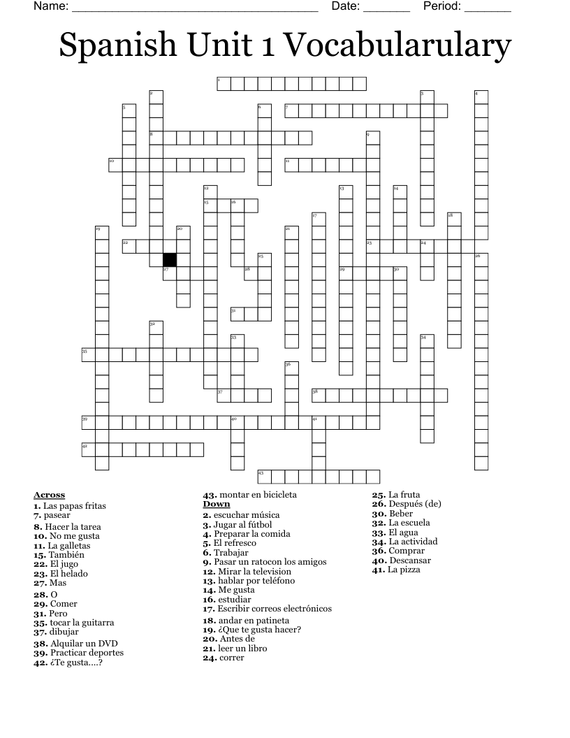 Spanish Unit 1 Vocabularulary Crossword